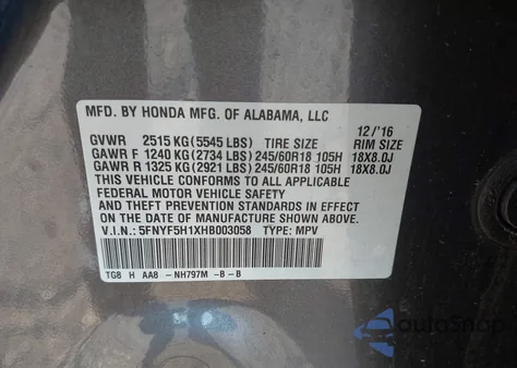 2017 Honda Pilot Lx z USA, uszkodzony, nr VIN 5FNYF5H1XHB003058